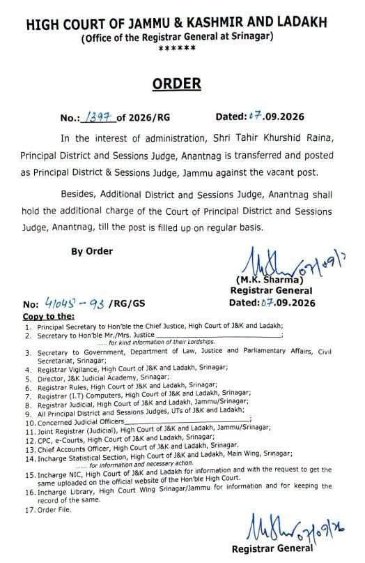 In the interest of administration Shri Tahir Khurshid Raina principal district and session judge , Anantnag is transferred and posted as Principal District & Session Judge Jammu against the vacant post .