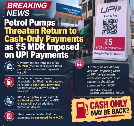 Petrol pumps may return to cash-only payments as the All India Petroleum Dealers Association (AIPDA) raises concerns over the ₹5 MDR on UPI fuel transactions and seeks an exemption.