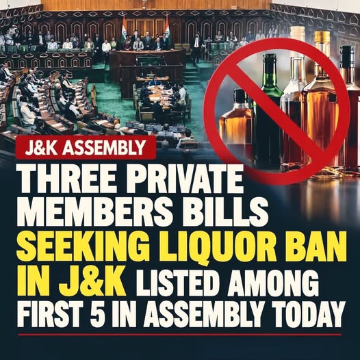 J&K Assembly: Three Private Members’ Bills seeking a liquor ban in Jammu & Kashmir are listed among the first five items for discussion in the Assembly today.