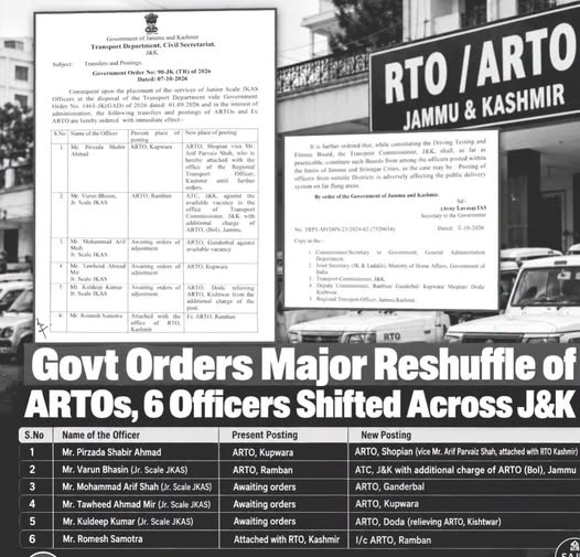 J&K Transport Department Reshuffles ARTOs