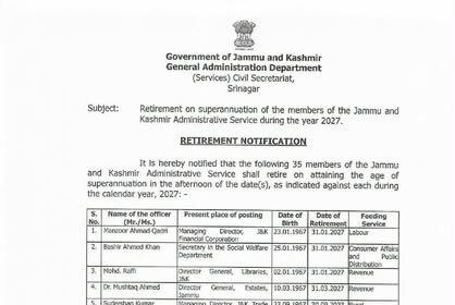 J&K Government Notifies Retirement Schedule of 35 JKAS Officers for 2027