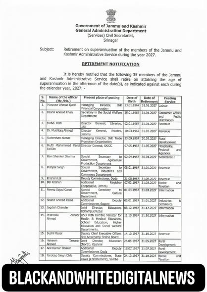 J&K Government Notifies Retirement Schedule of 35 JKAS Officers for 2027