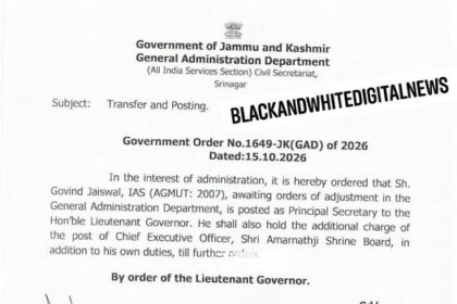 In the interest of administration, it is hereby ordered that Govind Jaiswal, IAS (AGMUT: 2007),
