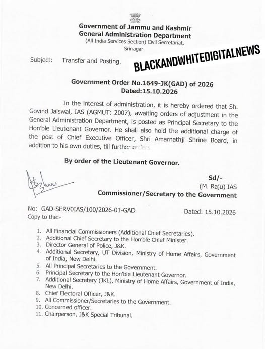 In the interest of administration, it is hereby ordered that Govind Jaiswal, IAS (AGMUT: 2007),