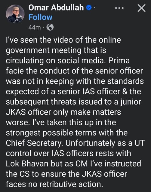 CM Omar Abdullah on Viral Video: Chief Secretary Directed to Ensure No Retributive Action Against JKAS Officer