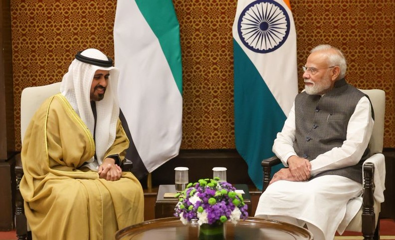 UAE’s Sheikh Theyab Bin Mohamed Bin Zayed Al Nahyan Meets PM Modi In New Delhi